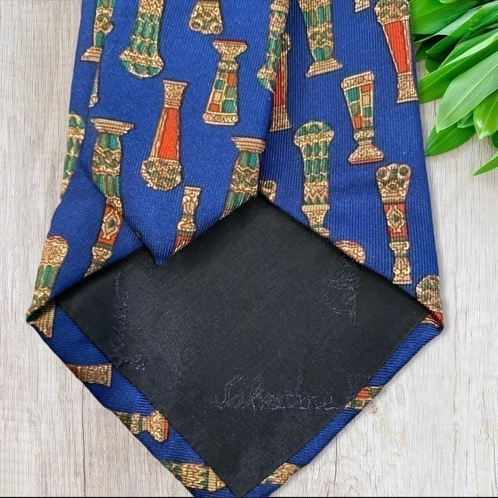 Vtg 90s Salvatore Ferragamo Silk Tie Ornate Columns Print Blue Combo